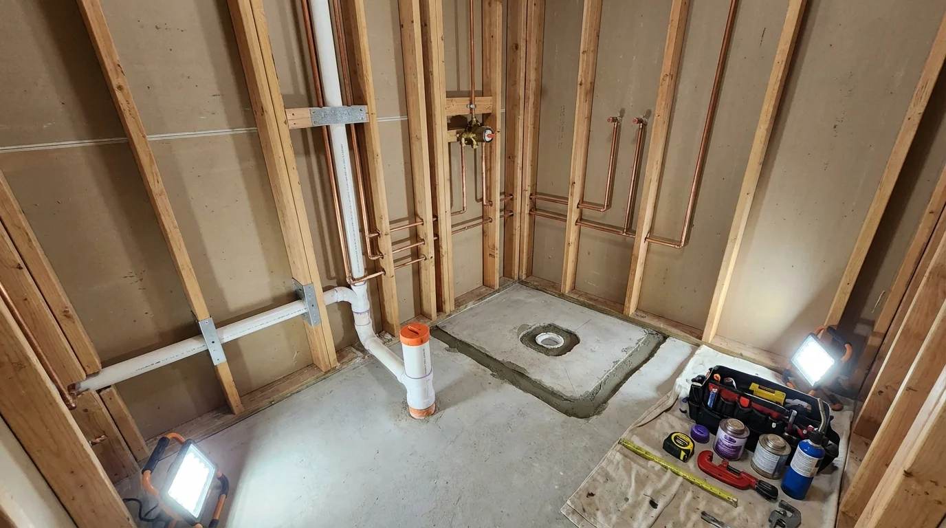 Bathroom rough-in plumbing during remodel by Johns Plumbing LLC in Muscoda