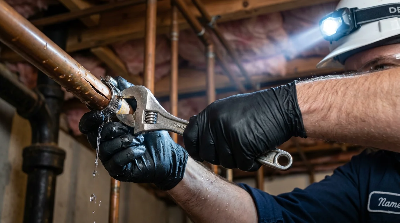 Emergency pipe clamp repair being performed by a Johns Plumbing LLC plumber in Muscoda