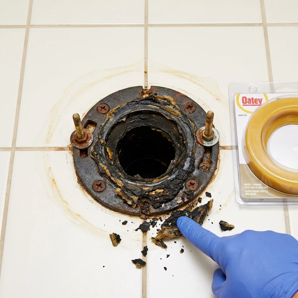Failed wax ring showing water seepage at the base of a toilet in a Muscoda, WI home