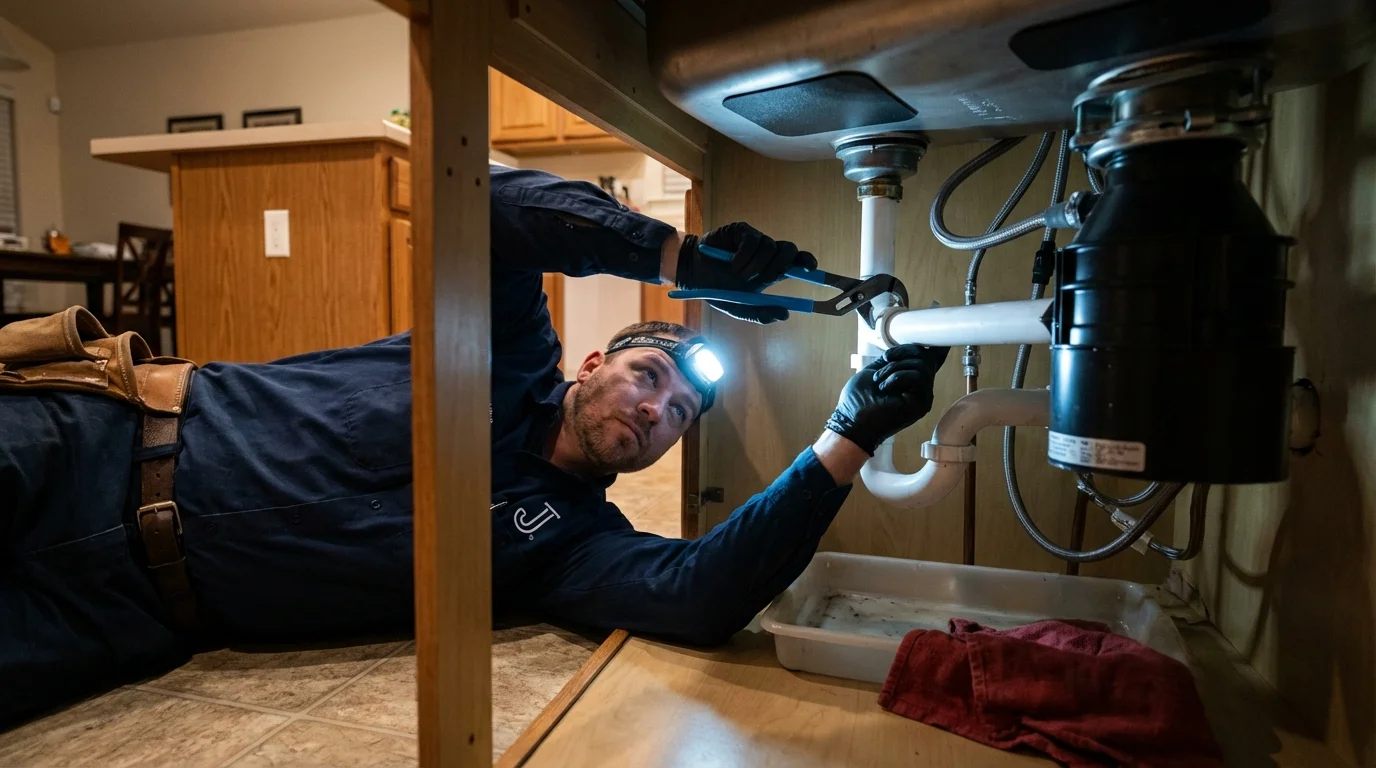 P-trap and supply line connections under a kitchen sink showing a common leak point in Muscoda, WI